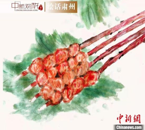 圖為酒泉美食“紅柳烤肉”繪畫作品?！《排d彥 攝