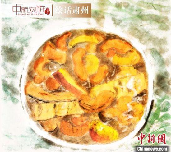 圖為酒泉美食“糊鍋”繪畫作品?！《排d彥 攝