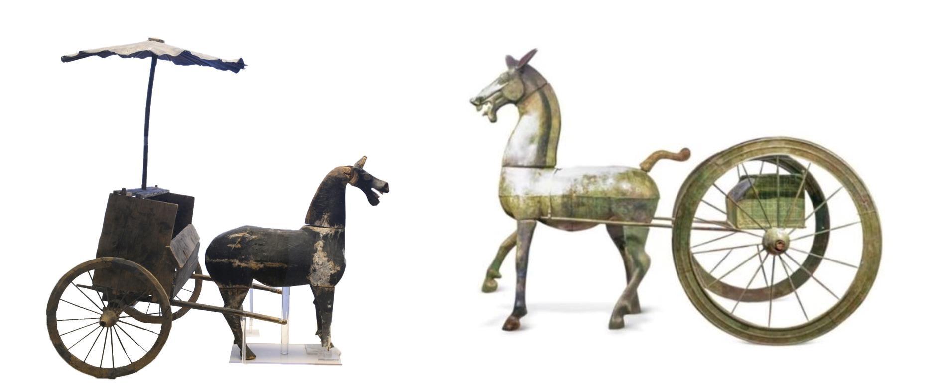 △左為漢代木軺車，藏于青海省博物館；右為東漢銅車馬，藏于黔西南州博物館。